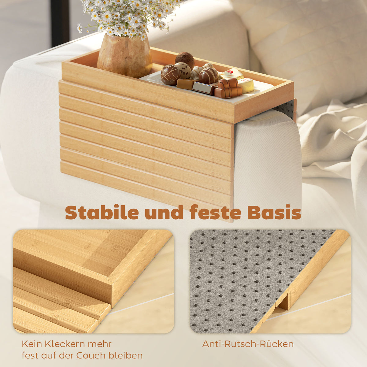 Armlehnen-Tablett aus Bambus auf dem Sofa – Ansicht 10
